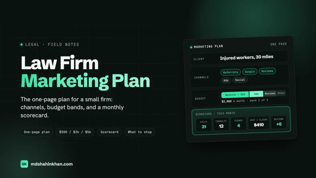 Law firm marketing plan: a one-page plan card with client, channels, a budget bar and a monthly scorecard