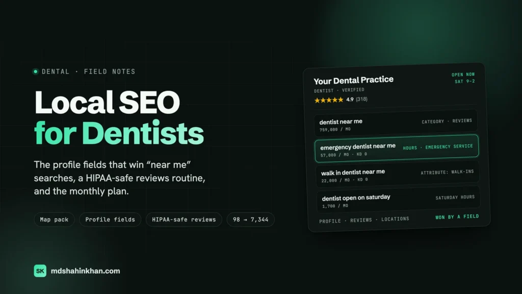 Local SEO for dentists: a dental practice's Google Business Profile with the near-me searches each profile field wins, with emergency, walk-in and Saturday hours highlighted
