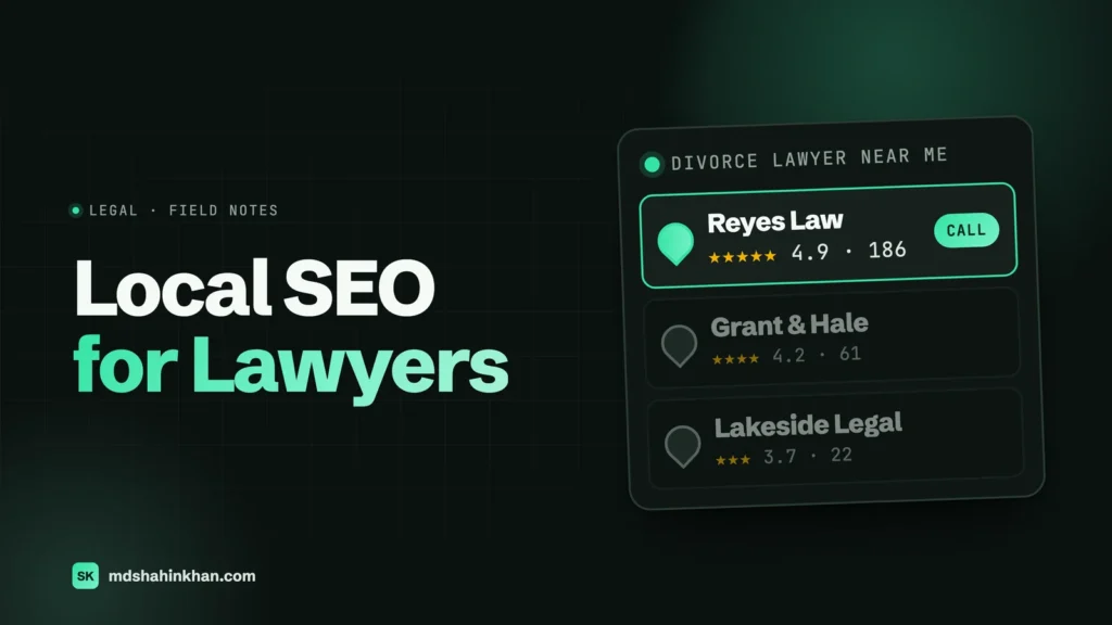 Featured image for Local SEO for Lawyers: a map pack card for divorce lawyer near me with the top firm highlighted, five stars and a call button.