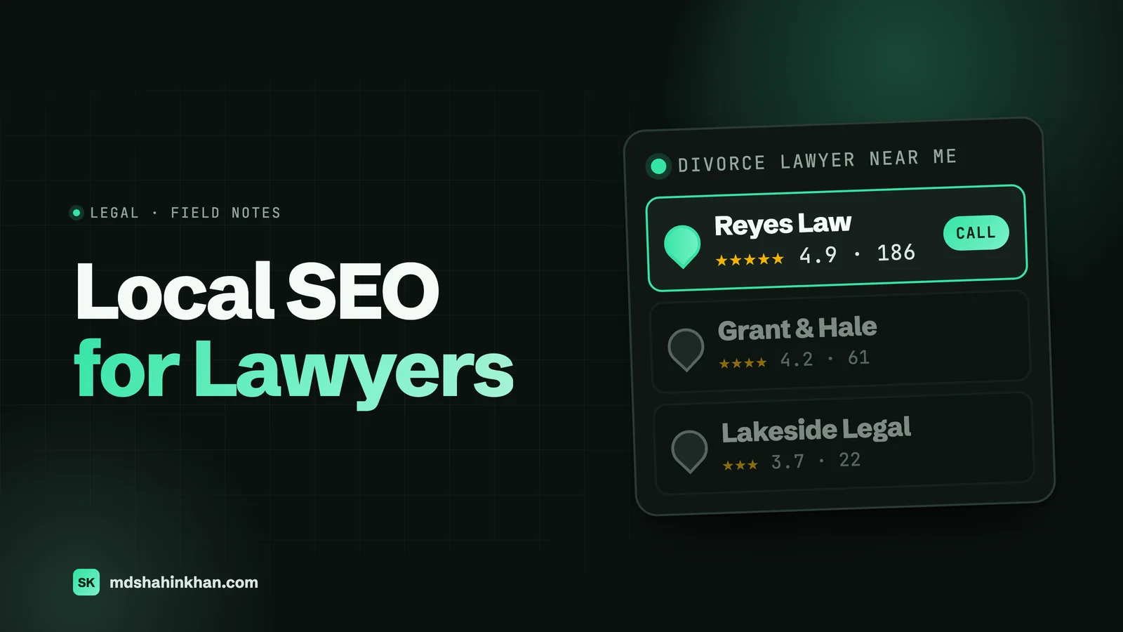 Featured image for Local SEO for Lawyers: a map pack card for divorce lawyer near me with the top firm highlighted, five stars and a call button.