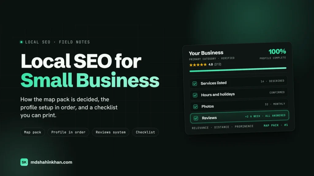 Local SEO for small business: a complete Google Business Profile card with services, hours, photos and a reviews routine ticked off, ranking first in the map pack