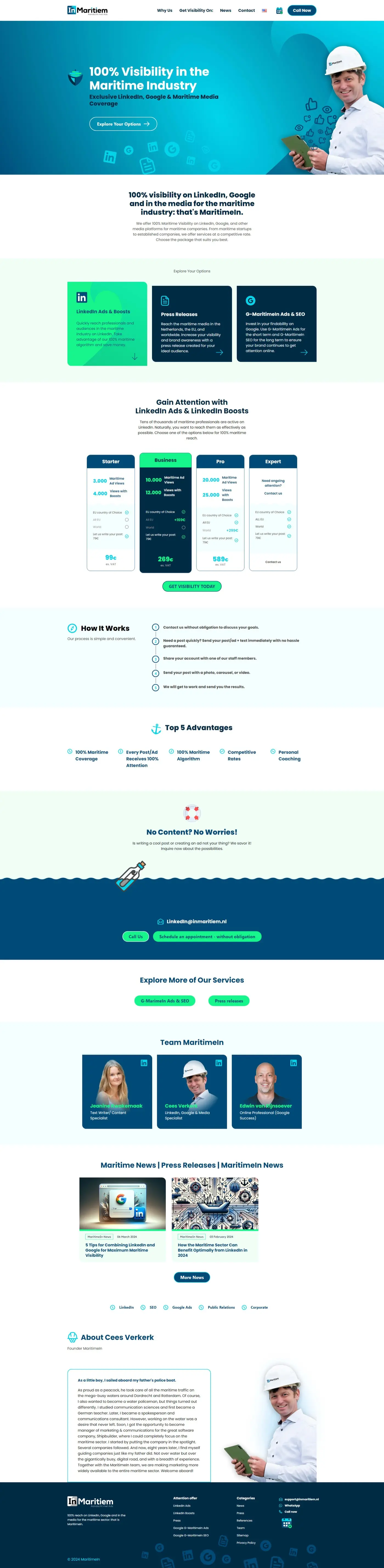 Full homepage of MaritimeIn in English: hero with the founder, three service cards, LinkedIn advertising packages with pricing, how it works, team, and news
