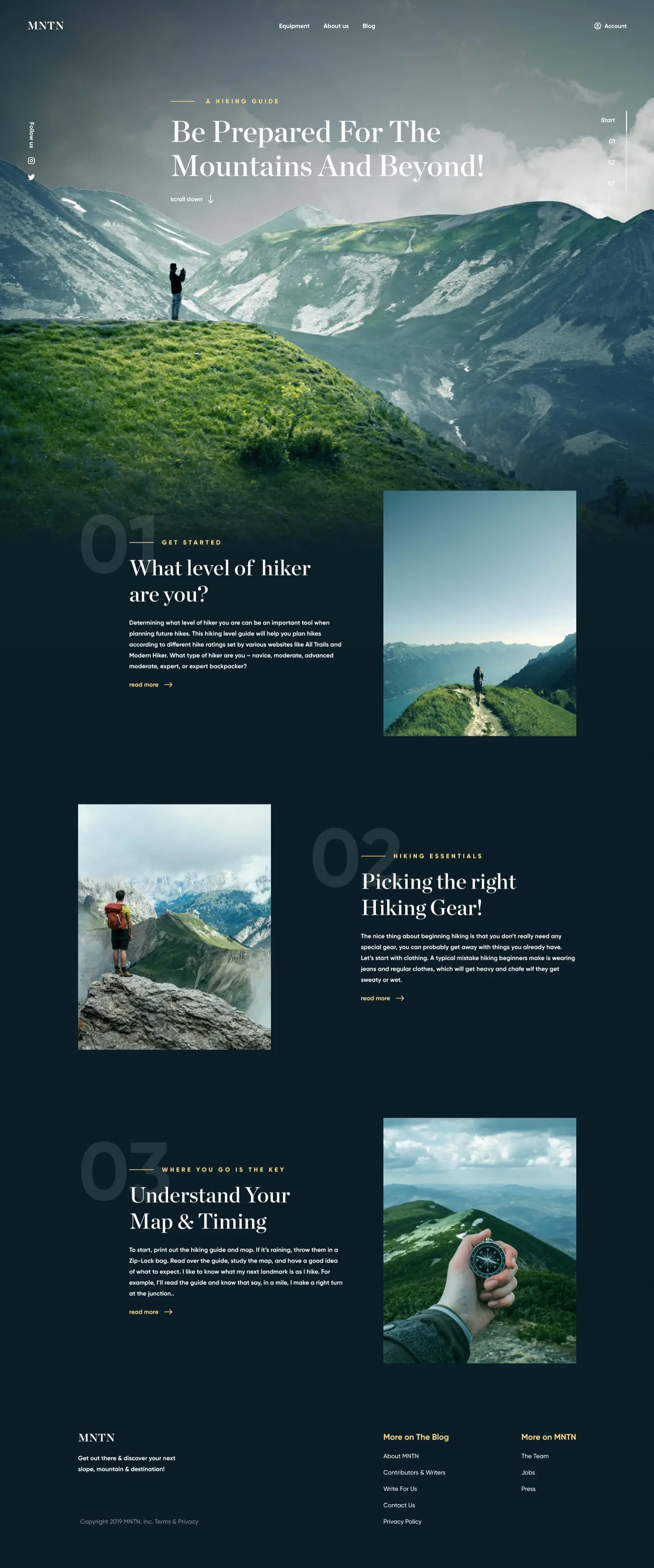 Homepage of MNTN, a hiking guide website: full-bleed mountain photography, serif headings, and three numbered article sections