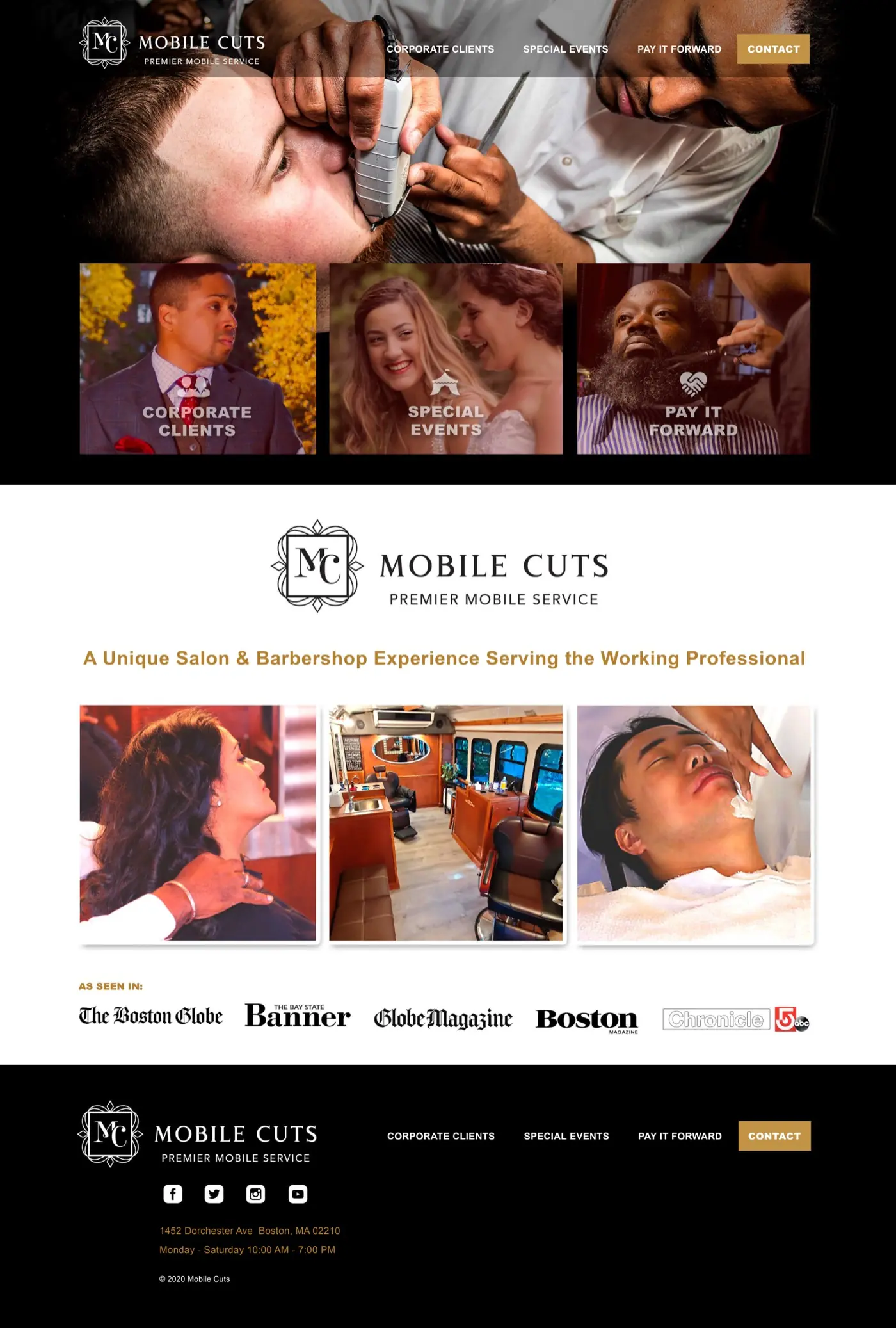 Homepage of Mobile Cuts, a Boston mobile salon and barbershop: full-width barber photo, corporate clients, special events and pay-it-forward tiles, gallery, and press logos