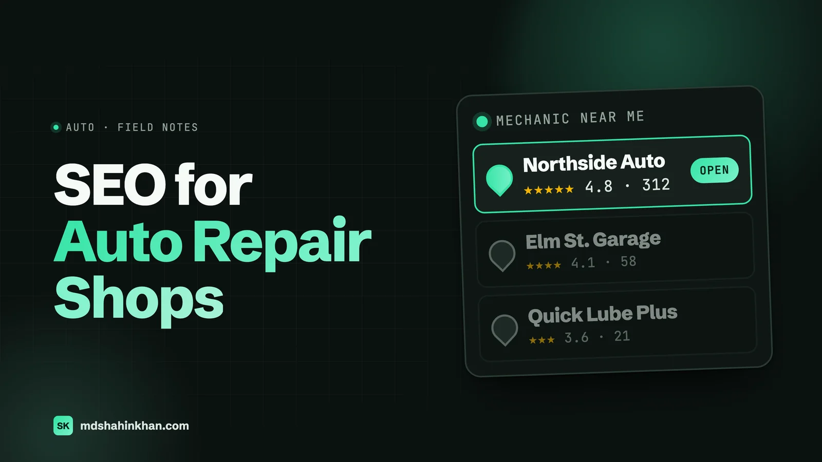 Dark card titled SEO for Auto Repair Shops beside a map-pack card for the search mechanic near me: Northside Auto first with five stars, 4.8 from 312 reviews and an Open badge, above two greyed-out competitors with lower ratings