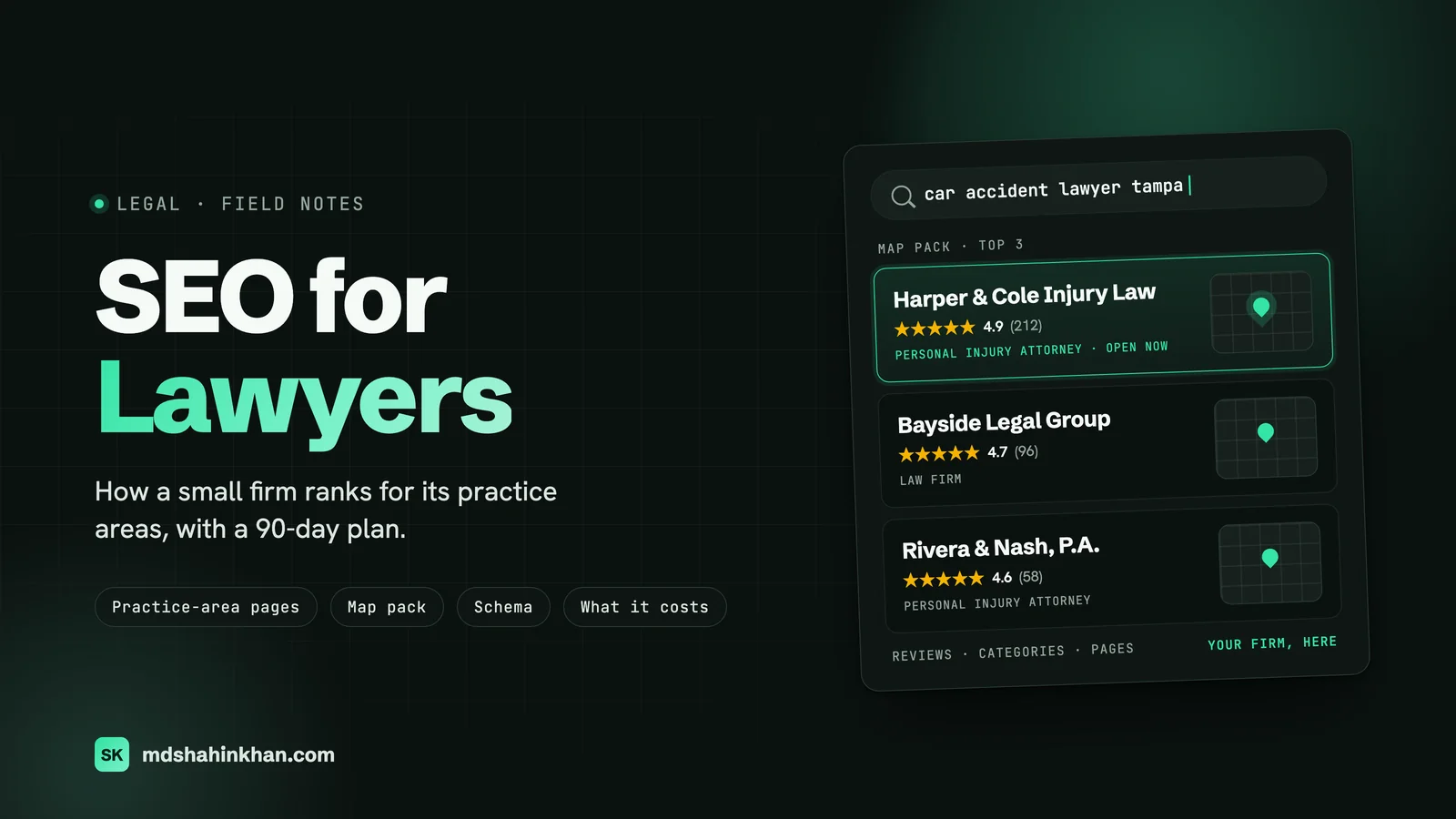 SEO for lawyers: a Google map pack for “car accident lawyer tampa” with a small firm in first place
