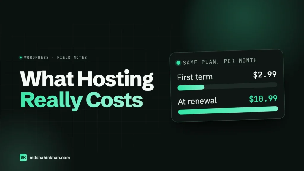 Featured image for What Hosting Really Costs: bars comparing the same hosting plan at $2.99 a month for the first term and $10.99 a month at renewal.