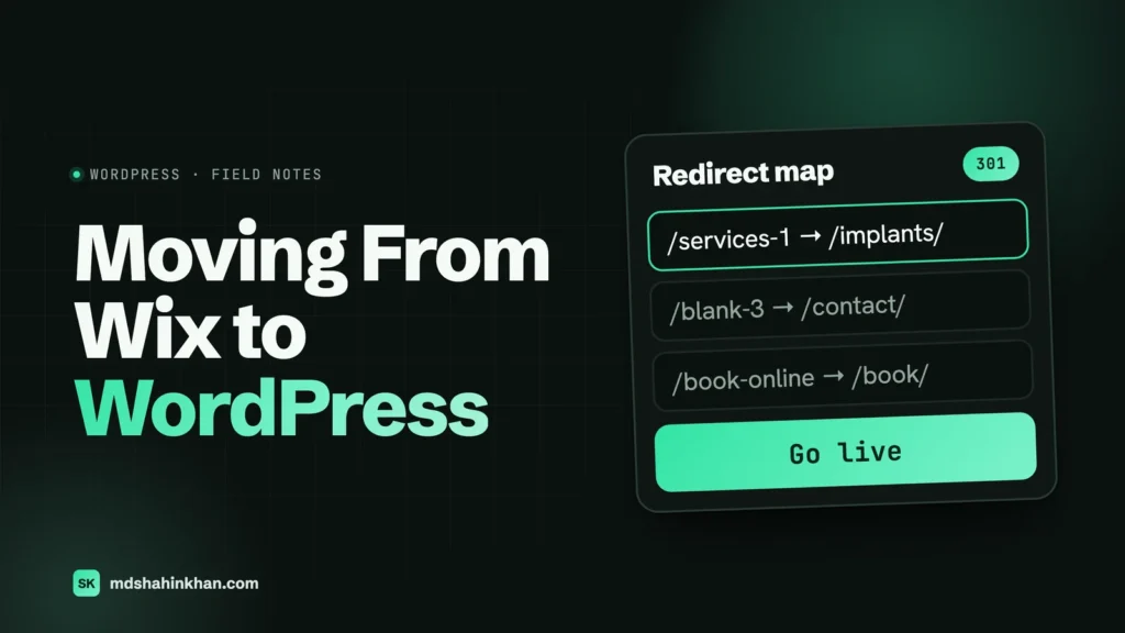 Featured image for Moving From Wix to WordPress: a redirect map card sending old Wix page addresses to their new WordPress pages with 301 redirects.