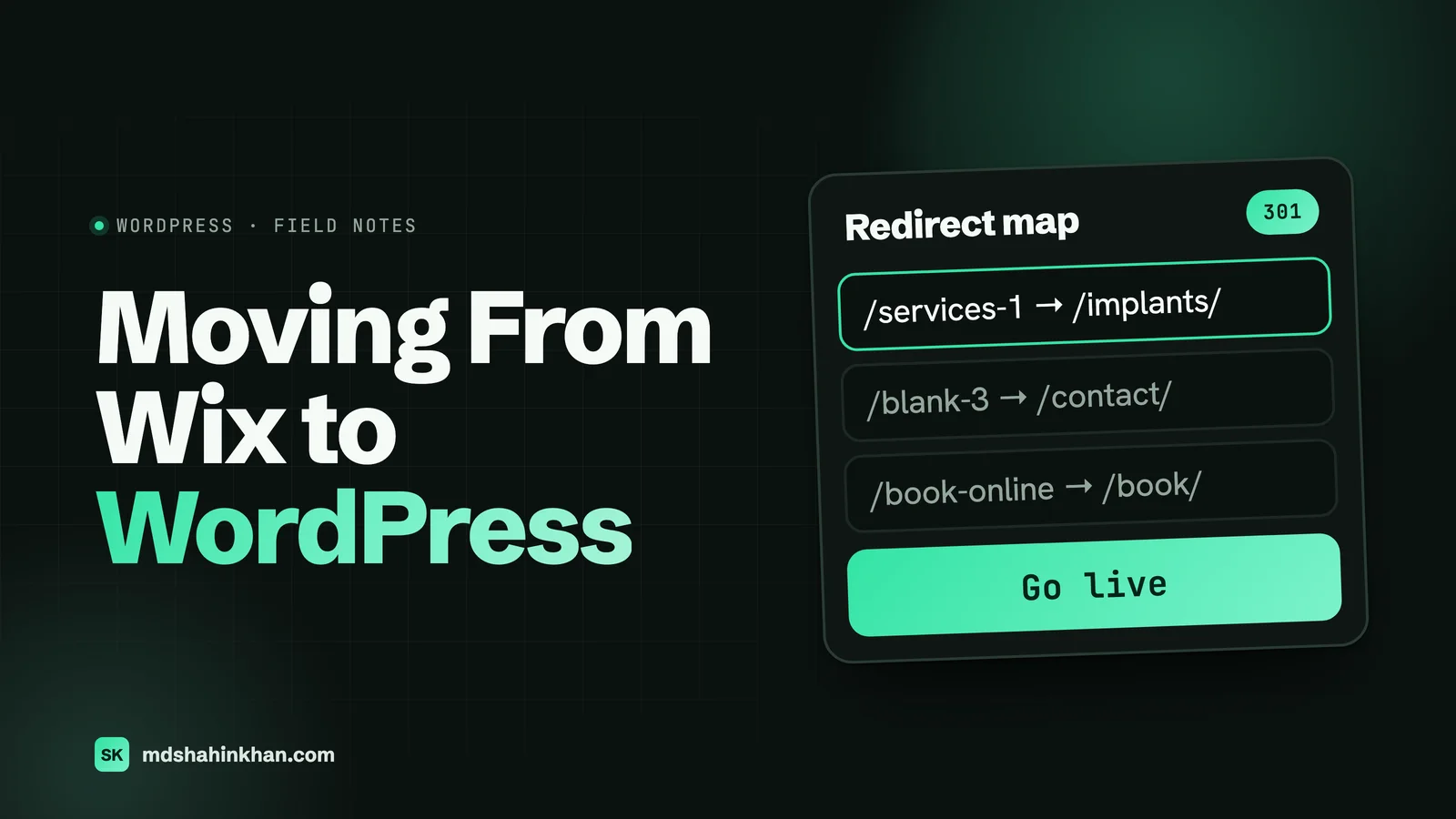 Featured image for Moving From Wix to WordPress: a redirect map card sending old Wix page addresses to their new WordPress pages with 301 redirects.